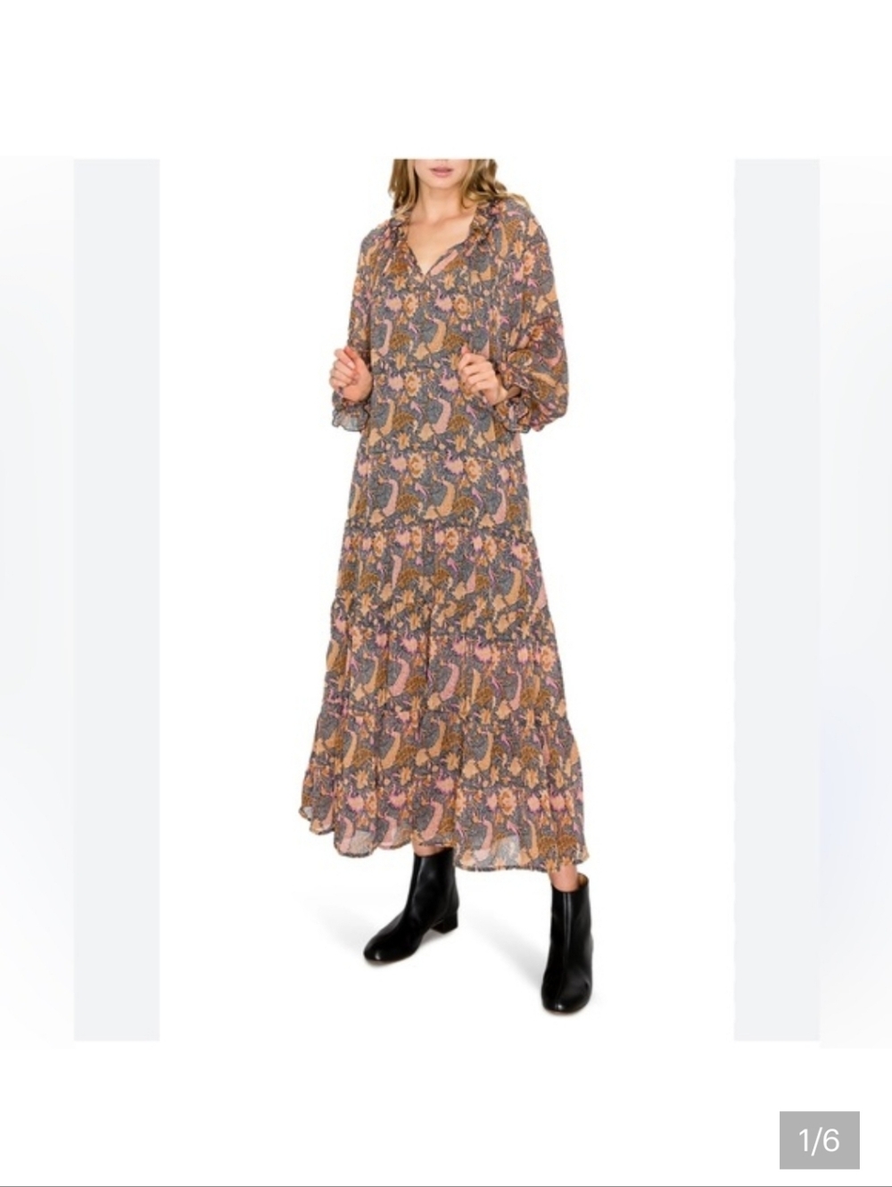 MELLODAY Paisley Tiered Maxi Skirt in Pink, Brown and Blue XS